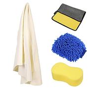 Premium Natural Drying Chamois Leather, Microfiber Car Cleaning Mitt & Cloth, 4pcs Auto Wash Tool Kit