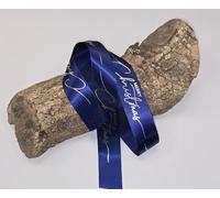 Premium Navy Blue Satin Christmas Ribbon with Metallic Silver Text, 38mm Width, 1 Metre Length, for Festive Decorations and Gift Wrapping
