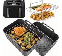 Premium Ninja AF200UK Accessories | 2 Silicone Liners & 2 x 304 Stainless Steel Racks + 4 Skewers | Dishwasher Safe | 7.6L Air Fryer Liners & Racks | 8PCS Ninja Dual Zone Accessories | by iStock Ltd