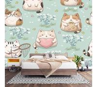 Premium Non-Woven Mural 250x175 cm Green Wall Photo Wallpaper | Interior Decor Waterproof 3D Panoramic Wallpaper, Cute Cartoon Cats Moderne Art Poster Mural for Living Bedroom
