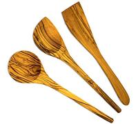 Premium Olive Wood Kitchen Spoon Set of 3 Round with Corner and Spatula