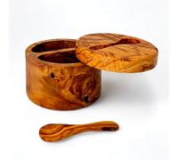 Premium Olive Wood Salt Box with Magnetic Swivel Lid and Spoon - Dual Compartment Salt Cellar for Gourmet Salts, Herbs & Spices - Rustic Handcrafted Kitchen Storage Container
