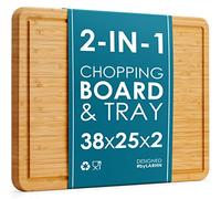 Premium Organic 2-in-1 Large Wooden Chopping Board & Serving Tray - 38x25x2cm - Multi-Purpose Bamboo Cutting Board with Juice Groove for Carving Meat, Vegetables, Cheese and Bread - by LARHN