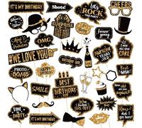 Premium Party Photo Booth Props Set Selfie Props,Funny Selfie Props Wedding Props Accessories Photo Posing Props for New Years Props,Graduation Props,Large Glasses, Funny Signs (Gold 36 pcs)