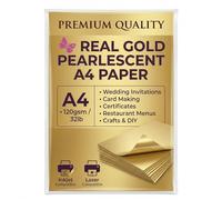 Premium Pearlescent Paper A4 (8.27 x 11.7”) 120gsm (32lb Bond) - Shimmer Cardstock Sheets for Inkjet & Laser Printers - Ideal for Certificates, Invitations, Menus & Crafts (10, Real Gold)