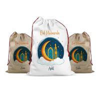 Premium Personalised Eid Mubarak Gift Sack - Ramadan Treat Bag with Name - Reusable Drawstring Islamic Eid Gift Bag with Premium Print - Keepsake Sweets Toys Presents Bag for Family