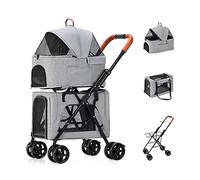 Premium Pet Strollers for Dogs Cats Double Layer Pet Carrier with Wheels Separable Dog Pram Pet Cat Stroller Pushchair Travel Cart Carrier (Blue) (Grey)