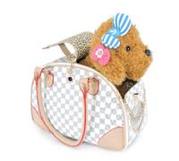 Premium Pet Travel Carrier Handbag with Checkered Pattern, Plush Teddy Bear Design, Luxury PU Leather Trim, Portable Pet Tote for Small Dogs Cats (White,L)