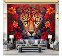 Premium Photo Wallpaper Animal 400 x 280 cm - Non-Woven Premium Art Print Fleece Wall Mural Decoration Poster Picture Design Modern - Leopard Flowers