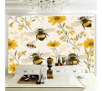 Premium Photo Wallpaper Beige Yellow 400 x 280 cm - Non-Woven Premium Art Print Fleece Wall Mural Decoration Poster Picture Design Modern - Bee Wildflowers Daisies