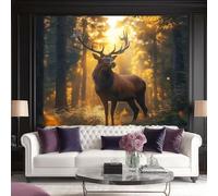 Premium Photo Wallpaper Fantasy Forest 350 x 256 cm - Non-Woven Premium Art Print Fleece Wall Mural Decoration Poster Picture Design Modern - Deer Golden Sunlight