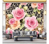Premium Photo Wallpaper Watercolor Leopard Print 300 x 210 cm - Non-Woven Premium Art Print Fleece Wall Mural Decoration Poster Picture Design Modern - Pink Rose