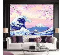 Premium Photo Wallpaper Waves Cherry Blossoms Mount Fuji 450 x 280 cm - Non-Woven Premium Art Print Fleece Wall Mural Decoration Poster Picture Design Modern - Japanese Traditional Style