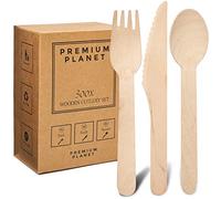 Premium Planet 300x Set Biodegradable Wooden Cutlery | Eco Friendly | 100x Forks 100x Knives 100x Spoons | Large Disposable Wooden Cutlery