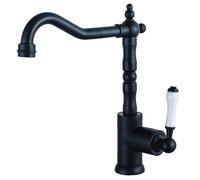 Premium Polished Brass Gooseneck Kitchen Faucet - 360° Swivel, High Arc Design, Single Handle Control, Ideal for Modern & Farmhouse Sinks (Black Handle)