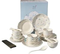 Premium Porcelain Dinnerware Set - 16-piece Stoneware & Ceramic Tableware, Includes Plates, Bowls, Soup Pot, Chinese Spoons & Chopsticks for Stylish Dining White 46PCS * 10-Person Set