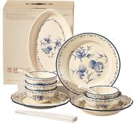 Premium Porcelain Dinnerware Set - Stoneware & Ceramic Plates, Bowls, Soup Pot, Chinese Spoons & Chopsticks - Elegant Tableware for Home & Dining Colourful 18PCS * 4-Person Set