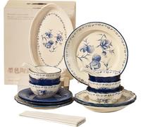 Premium Porcelain Dinnerware Set - Stoneware & Ceramic Plates, Bowls, Soup Pot, Chinese Spoons & Chopsticks - Elegant Tableware for Home & Dining Colourful 30PCS * 6-Person Set