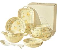 Premium Porcelain Dinnerware Set - Stoneware & Ceramic Tableware with Plates, Bowls, Soup Pot, Spoons & Chopsticks for Elegant Dining Experience Mixed Colors 21PCS * 4-Person Set