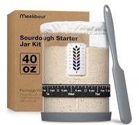 Premium Pro Sourdough Starter Jar Kit - 40oz Large Wide Mouth Sourdough Bread Jar with Marked Feeding Band, Thermometer, Scraper, Cloth Cover and Silicone Lid/Base, Glass Container, Baking Supplies