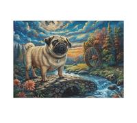 Premium Pug River Forest Cute Pet Wildlife Wild Nature 300 Piece Adult Jigsaw Puzzle Challenging Fun Engaging Perfect Activity for Family Or Home 300 PCS（40x28cm）