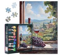 Premium Puzzles for Adults 1000 Pieces - Vineyard Window Arrangement with Red Wine Bottle and Bunch of Grapes Jigsaw Puzzle, 27.5x19.7 Inches