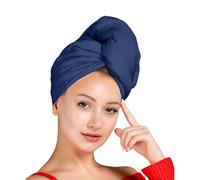 Premium Quality 100% Pure Combed Cotton Soft Hair Towels, Easy Button use to hold for Women & Kids with Wet, Curly Long Thick Hair, Anti frizz Quick Dry Towel Turban Super Ultra-Absorbent (Navy)
