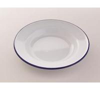 Premium Quality Traditional Enamel White Blue Trim Rice, Pasta, Dinner Plate, Round Pie Plate, Soup Plate, Mixing Bowl, Deep Dish Tableware Crockery (Soup Plate 22cm)