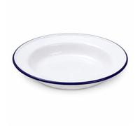 Premium Quality Traditional Enamel White Blue Trim Soup Plate 24cm, Round Deep Dish, Rice Pasta Dinner Plate, Mixing Bowl, Tableware Crockery, Dishwasher Microwave Freezer Safe
