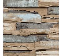Premium-quality Vinyl Wallpapers with Weathered Wood design for Bedroom, Kitchen, Hall, Living room, Office; Washable, Removable, Eco-aware wallcovering made in Belgium 53 cm x 10 m (Brown/Blue)