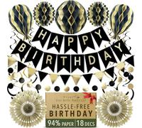 Premium Reusable Birthday Decoration Set - Honeycomb Paper Party Decorations, Happy Birthday Banner, Bunting, Streamers - Decor for Men & Women by Itsy Bitsy Party Co (Black & Gold)