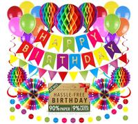 Premium Reusable Birthday Decoration Set - Honeycomb Paper Party Decorations, Happy Birthday Banner, Bunting, Streamers - Decor for Girls, Boys, Women & Men by Itsy Bitsy Party Co (Rainbow + Balloons)