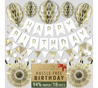 Premium Reusable Birthday Decoration Set - Honeycomb Paper Party Decorations, Happy Birthday Banner, Bunting, Streamers - Decor for Women, Girls, Men & Boys by Itsy Bitsy Party Co (White & Gold)
