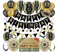 Premium Reusable Birthday Decorations - Multi-occasion Happy Birthday Banner also spells Party Day + more, Fast Assembly with Velcro - Black and Gold Party Decorations for Men and Women + Balloons