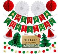 Premium Reusable Christmas Decorations Pack - Vintage Indoor Xmas Decorations, Merry Christmas banner and Hanging Honeycomb Paper Xmas Room Decor for Home or Office, by Itsy Bitsy Party Co