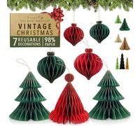 Premium Reusable Paper Christmas Decorations - Paper Christmas Tree and Bauble Set with Magnetic Clasps - Hanging/Xmas Table Decorations - Indoor or Office Xmas Decor by Itsy Bitsy Party Co