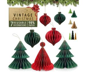 Premium Reusable Paper Christmas Decorations - Paper Christmas Tree and Bauble Set with Magnetic Clasps - Hanging/Xmas Table Decorations - Indoor or Office Xmas Decor by Itsy Bitsy Party Co