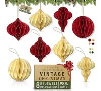 Premium Reusable Paper Christmas Decorations - Paper Christmas Tree decorations with Magnetic Clasps - Honeycomb Baubles - Hanging Xmas Decor for Home or Office by Itsy Bitsy Party Co (Red & Cream)