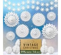 Premium Reusable Paper Christmas Decorations - White Christmas Decorations with Velcro Fasteners - Honeycomb Paper Snowflakes, Snowmen, Snowballs, and Snowflake garlands - Winter Wonderland Decor