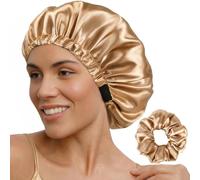 Premium Satin Bonnet with Adjustable Wide Band - Silk Sleeping Cap & Hair Scrunchie Set for Curly, Natural and Protective Styles, Minimises Friction, Locks Moisture and Prevents Breakage