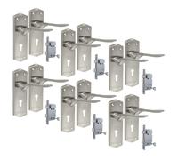 Premium Satin Nickel Internal Door Lock Handles with Long Back Plate and 3 Lever Mortise Sash Lock - Stellar Design,Superior Grip, Adjustable Spindle, and Seamless Finish 6 Sets