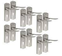 Premium Satin Nickel Internal Lock Door Handles with Long Back Plate and 3 Lever Mortise Sash Lock - Stellar Design, (6 Pair of Lock Handles)