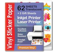Premium Semi Clear Printable Vinyl Sticker Paper - 62 Sheets - A4 - Semi Transparent Sticker Paper for Laser & Inkjet - Waterproof Printable Sticker Paper That Dries Quickly - Compatible with Cricut