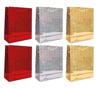 Premium Set of 6 Holographic Gift Bags With Strong Rope Handles - Assorted Red, Silver & Gold Colors Bags Perfect For Xmas Gifts, Wedding Bottles, Birthday Presents & Elegant Party Giving