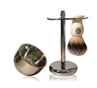Premium Shaving Brush Kit-3 in 1 Shaving Brush Set for Men Includes Badger Synthetic Hair Shaving Brush,Stainless Steel Shaving Soap Bowl and Stand for Mens Shaving Gift Set(Ivory White)