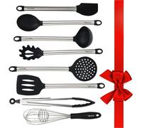 PREMIUM Silicone Kitchen Serving Utensil Set - Stainless Steel Metal and Black Utensils Including Tongs Spoons Spatula Ladle Whisk and Frosting Spatula Professional Nonstick Safe Modern Cooking Tools