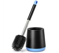 Premium Silicone Toilet Brush and Holder Set for Bathroom - 360° Flexible Non-Scratch TPR Bristles with Detachable Drip Tray - Hygienic Under-Rim Deep Cleaner - Sl lack and Blue Design