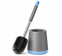 Premium Silicone Toilet Brush and Holder Set for Bathroom - 360° Flexible Non-Scratch TPR Bristles with Detachable Drip Tray - Hygienic Under-Rim Deep Cleaner - Sl rey and Blue Design