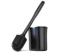 Premium Silicone Toilet Brush and Holder Set for Bathroom - Flexible TPR Bristles for Deep Cleaning - Non-Scratch 360° Wall Mounted or Freestanding Loo Brush with Quick Drying Base (Black & Blue)