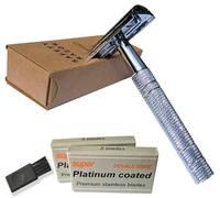 Premium Silver Double Edge Safety Razor - Durable Metal, Eco-Friendly Shaving & Reusable | Zero Waste, Plastic-Free Close Wet Shaver for Men & Women | plus 10 Razor Refills + Cleaning Brush (Silver)